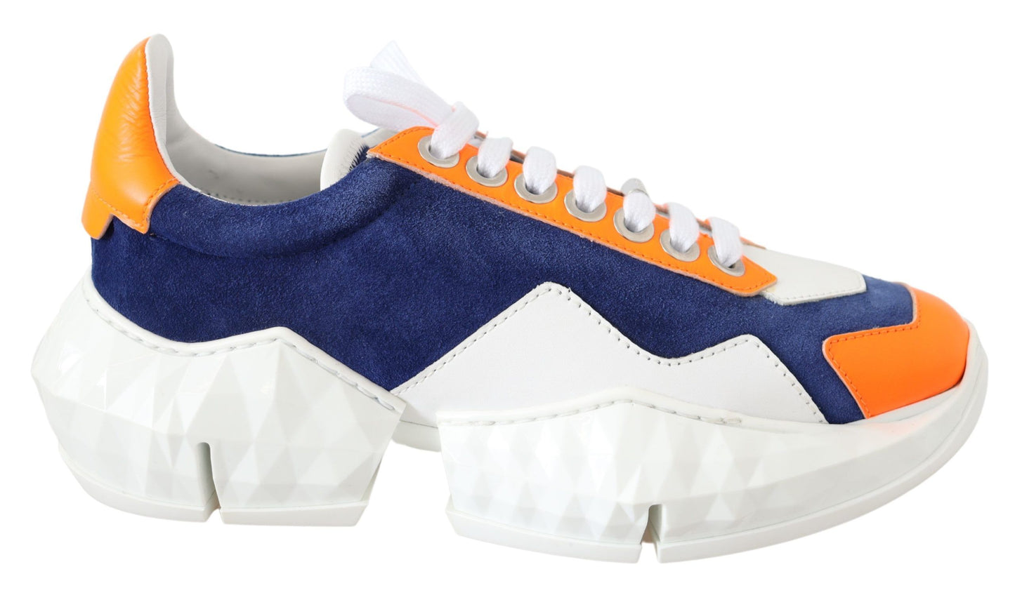 Electric Blue & Orange Luxury Sneakers - Premium Stretch Mesh & Leather