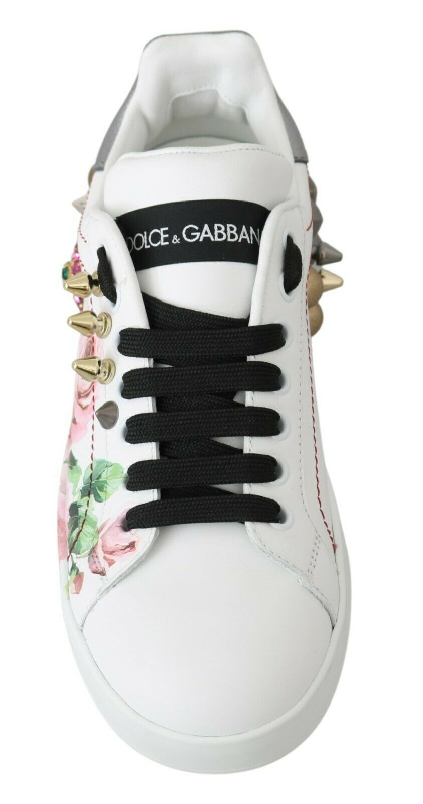 Dolce & Gabbana White Leather Crystal Rose Floral Sneakers