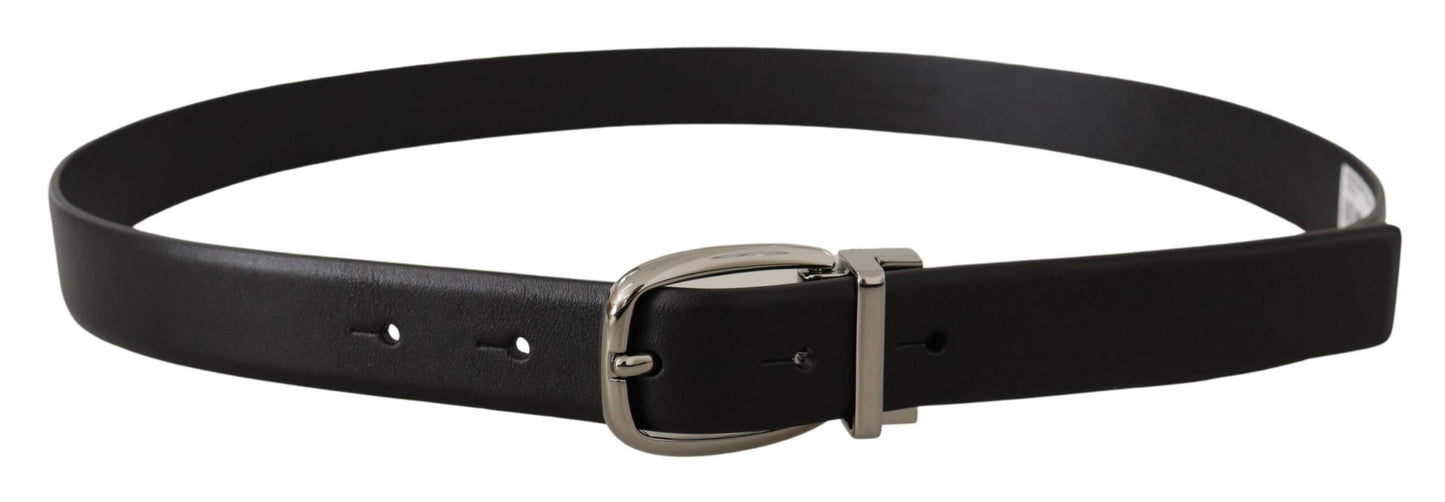 Dolce & Gabbana Black Leather Belt with Silver Metal Chrome Logo Buckle