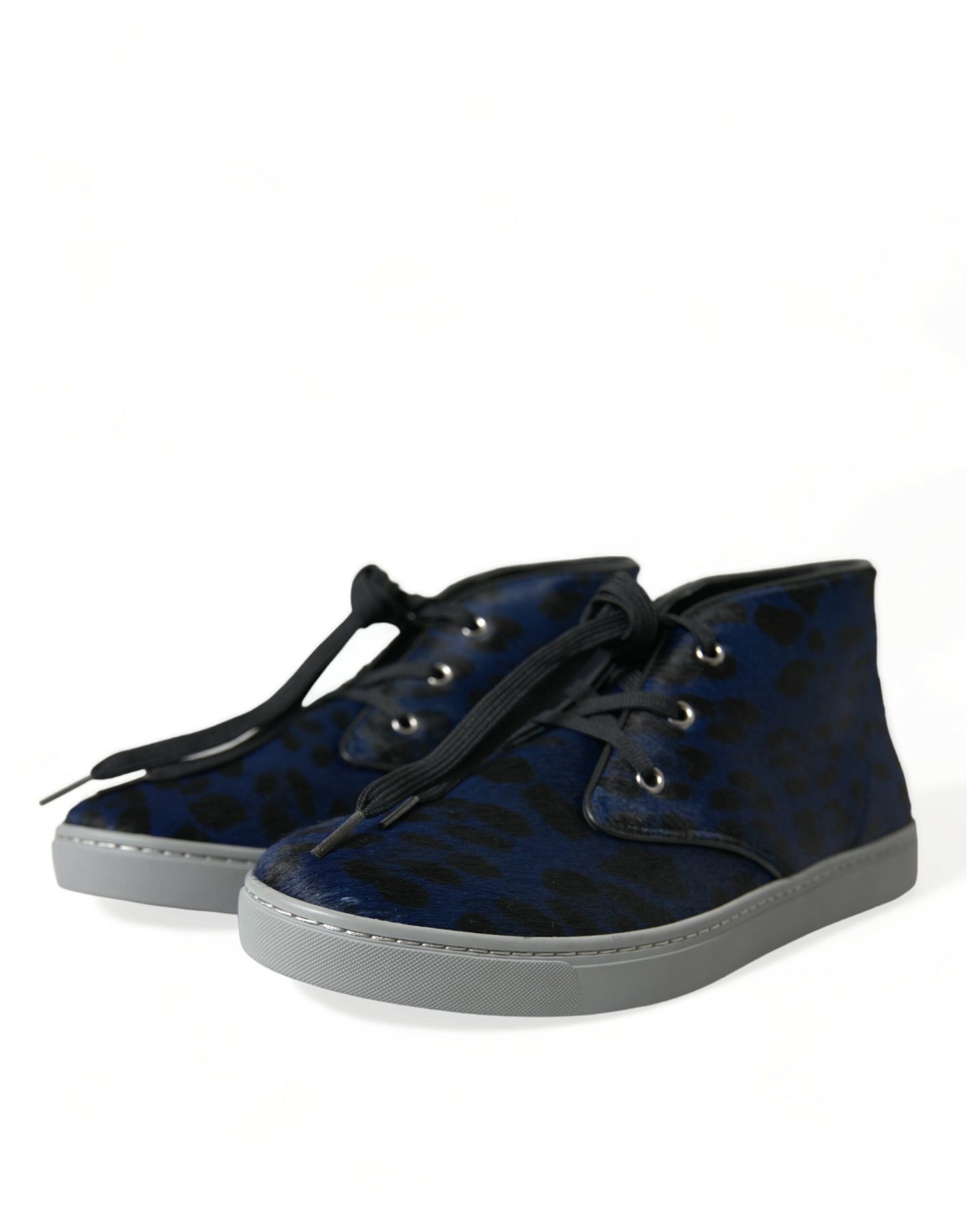 Dolce & Gabbana Blue Calfskin Leopard Mid-Top Sneakers