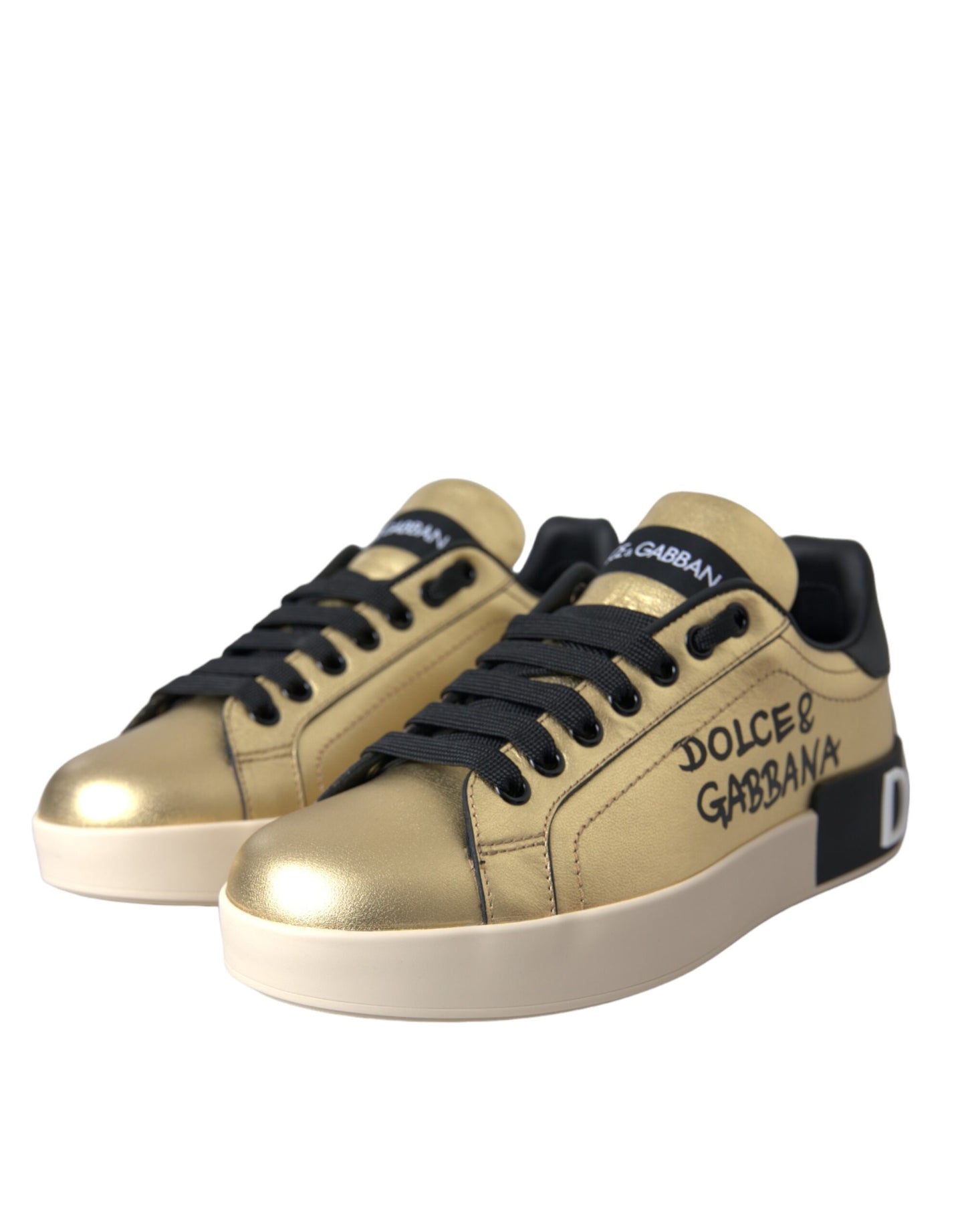 Gold Portofino Low-Top Leather Sneakers - Women's Designer Footwear