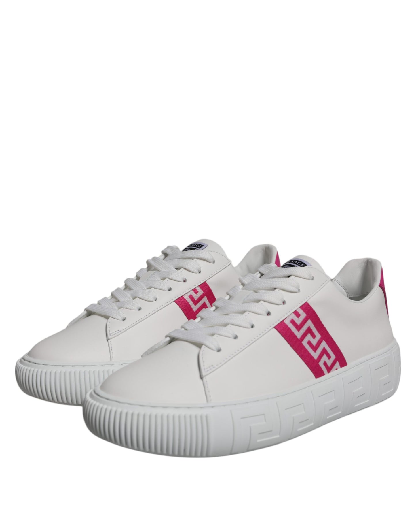 Versace White Pink Greca Print Platform Low Top Sneakers