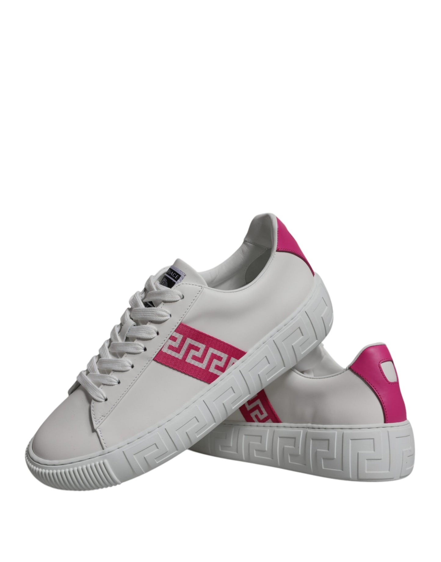 Versace White Pink Greca Print Platform Low Top Sneakers