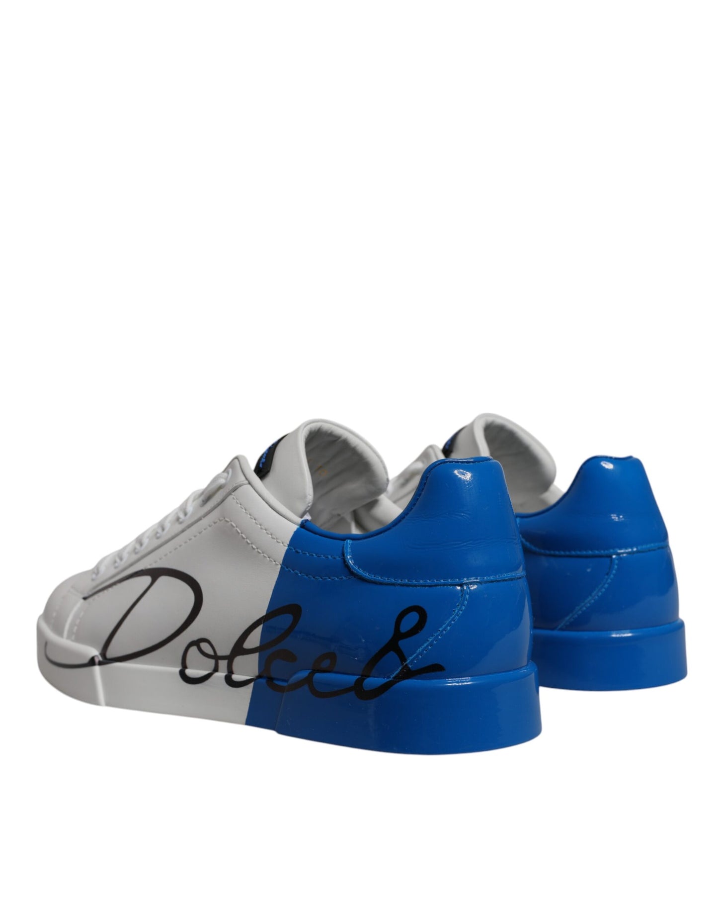 Dolce & Gabbana White and Blue Leather Logo Low-Top Sneakers