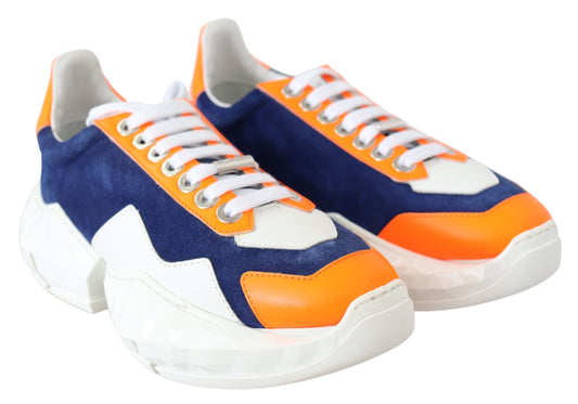 Electric Blue & Orange Luxury Sneakers - Premium Stretch Mesh & Leather