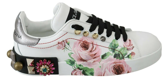 Dolce &amp; Gabbana White Leather Crystal Rose Floral Sneakers