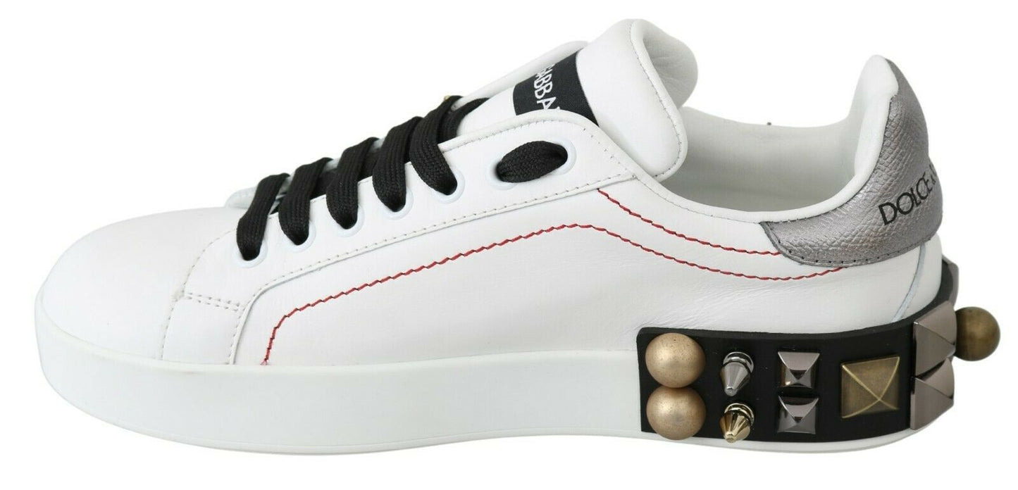 Dolce &amp; Gabbana White Leather Crystal Rose Floral Sneakers