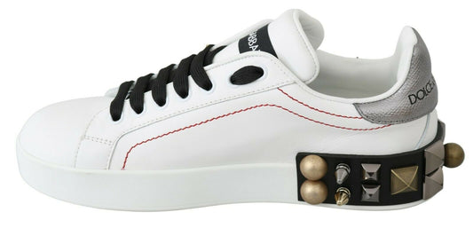Dolce &amp; Gabbana White Leather Crystal Rose Floral Sneakers