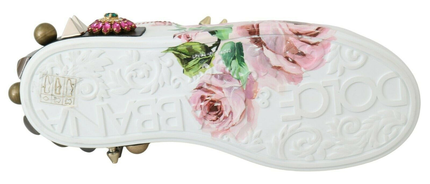 Dolce &amp; Gabbana White Leather Crystal Rose Floral Sneakers