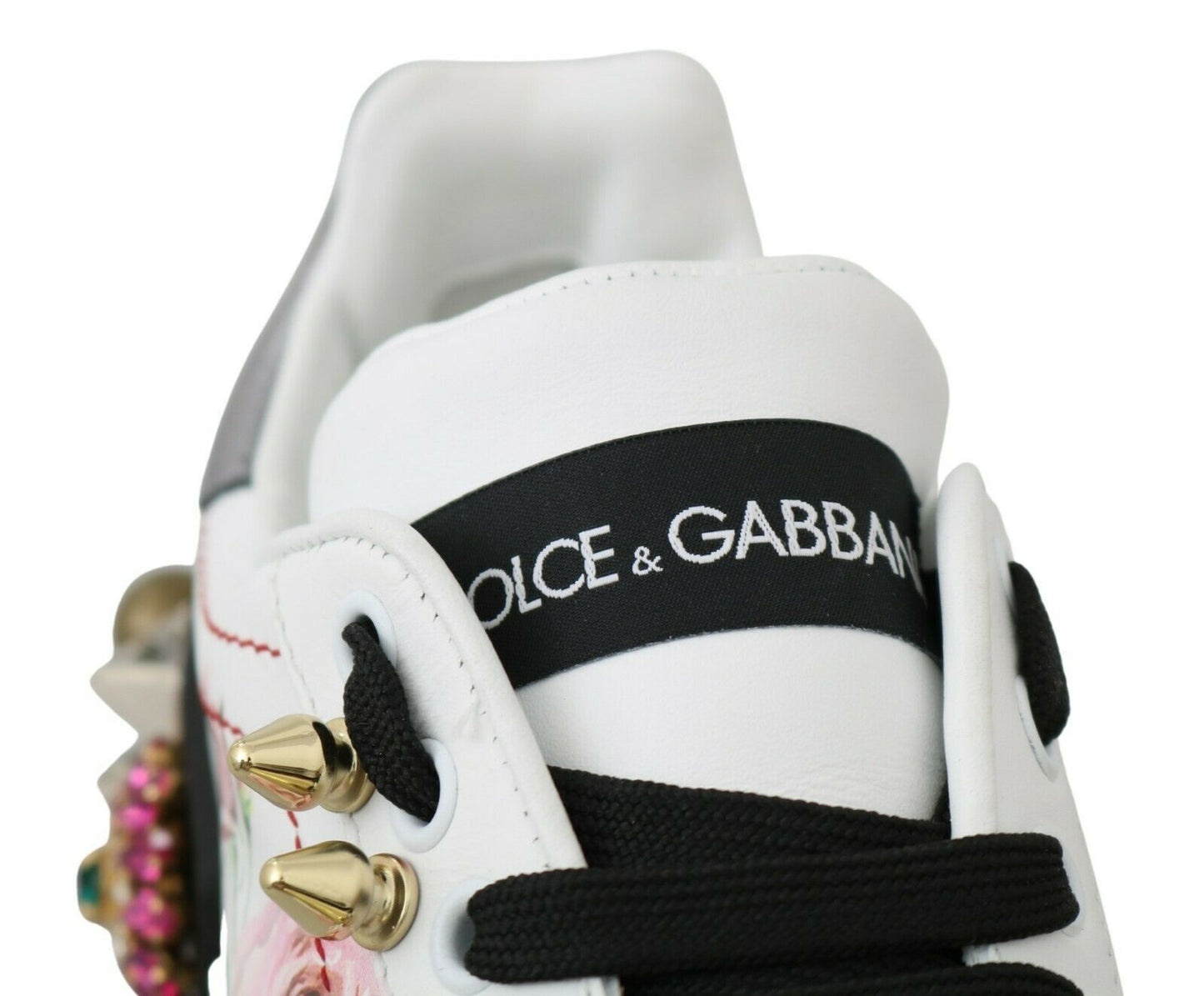 Dolce &amp; Gabbana White Leather Crystal Rose Floral Sneakers