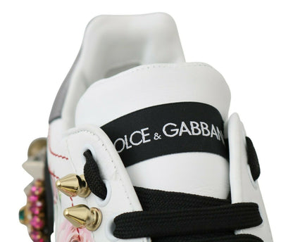 Dolce &amp; Gabbana White Leather Crystal Rose Floral Sneakers