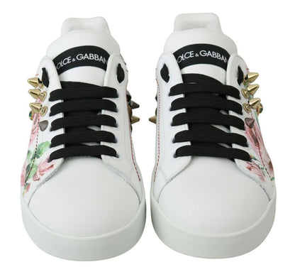 Dolce &amp; Gabbana White Leather Crystal Rose Floral Sneakers