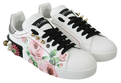 Dolce &amp; Gabbana White Leather Crystal Rose Floral Sneakers