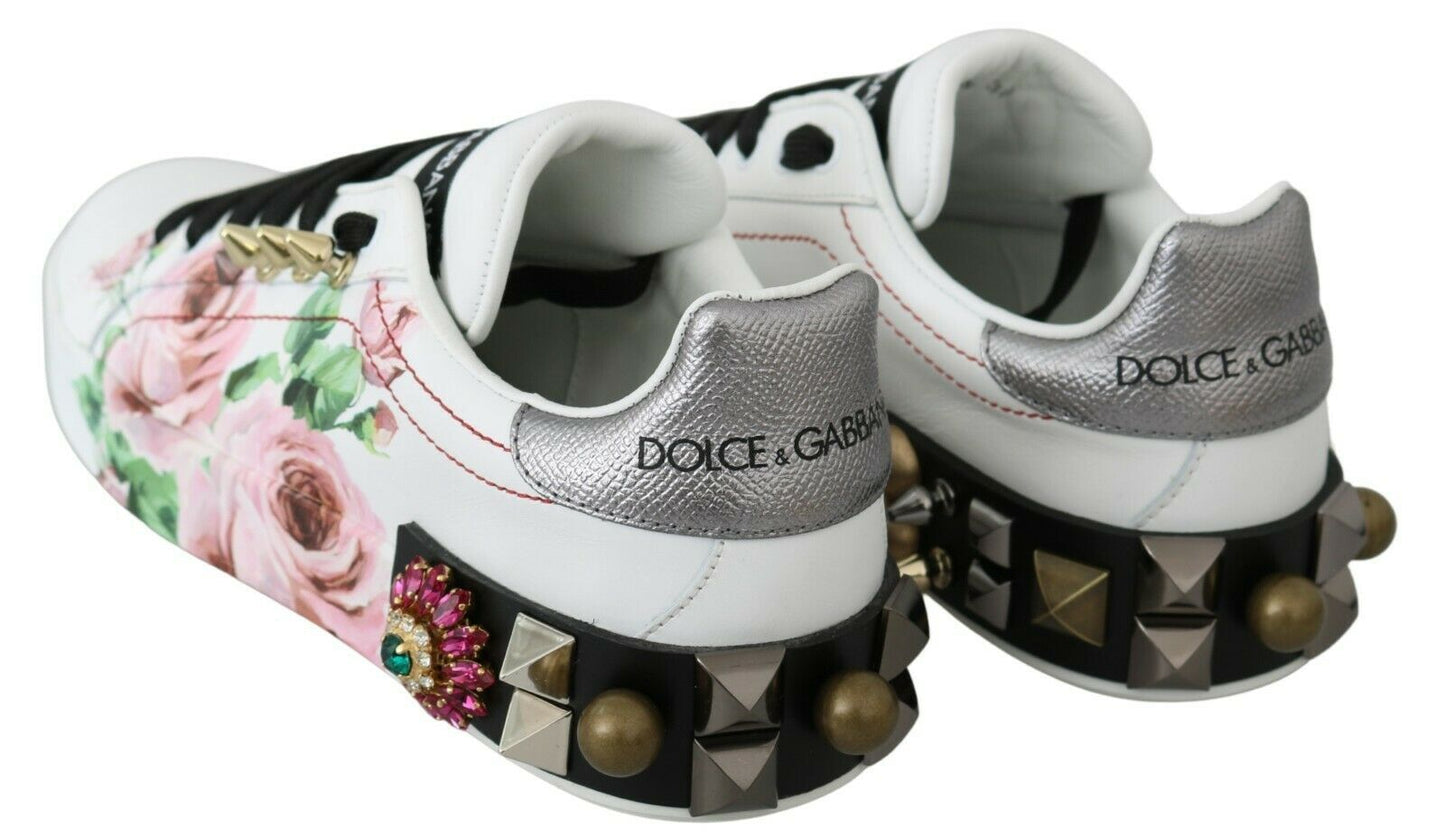 Dolce &amp; Gabbana White Leather Crystal Rose Floral Sneakers