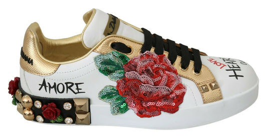 Dolce &amp; Gabbana White Rose Sequined Crystal Women's Sneakers