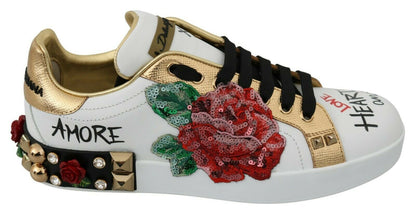 Dolce &amp; Gabbana White Rose Sequined Crystal Women's Sneakers