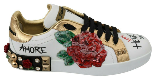 Dolce &amp; Gabbana White Rose Sequined Crystal Women's Sneakers