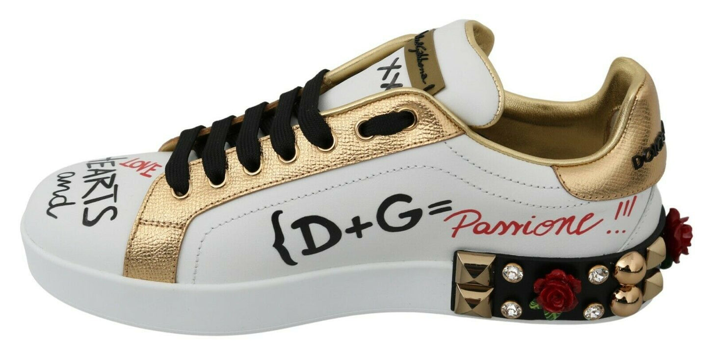 Dolce &amp; Gabbana White Rose Sequined Crystal Women's Sneakers