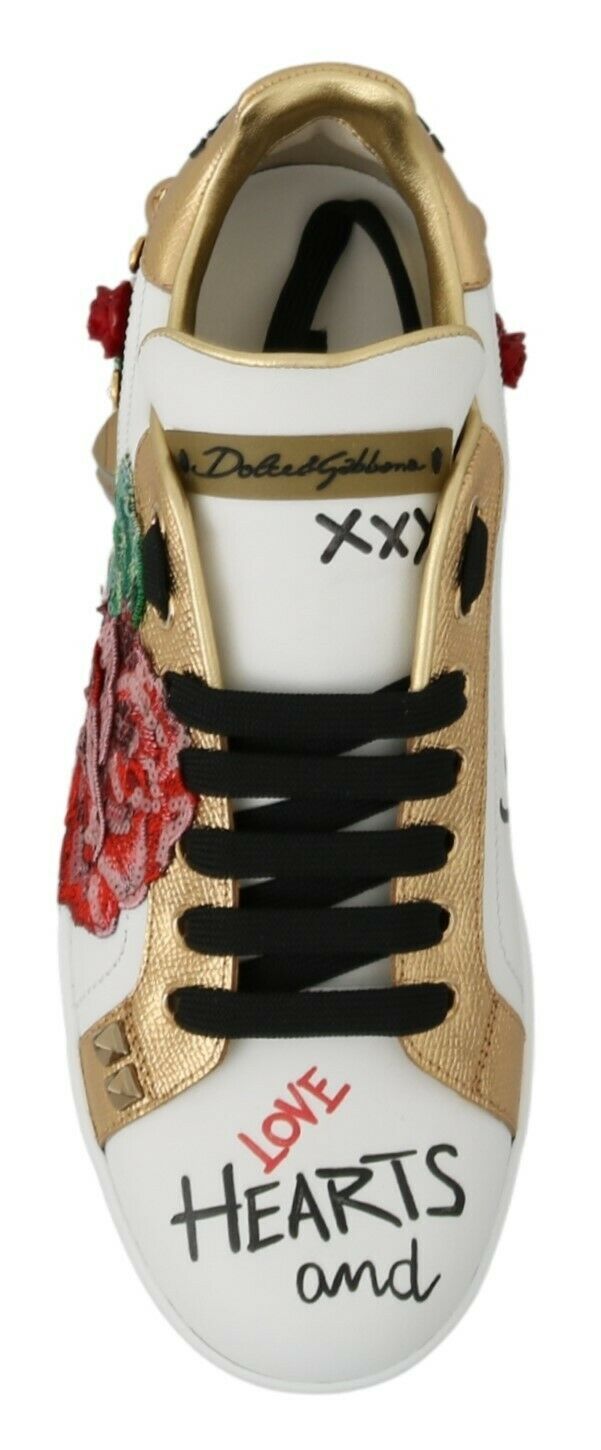 Dolce &amp; Gabbana White Rose Sequined Crystal Women's Sneakers