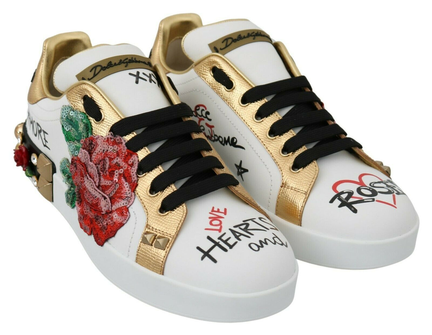 Dolce &amp; Gabbana White Rose Sequined Crystal Women's Sneakers