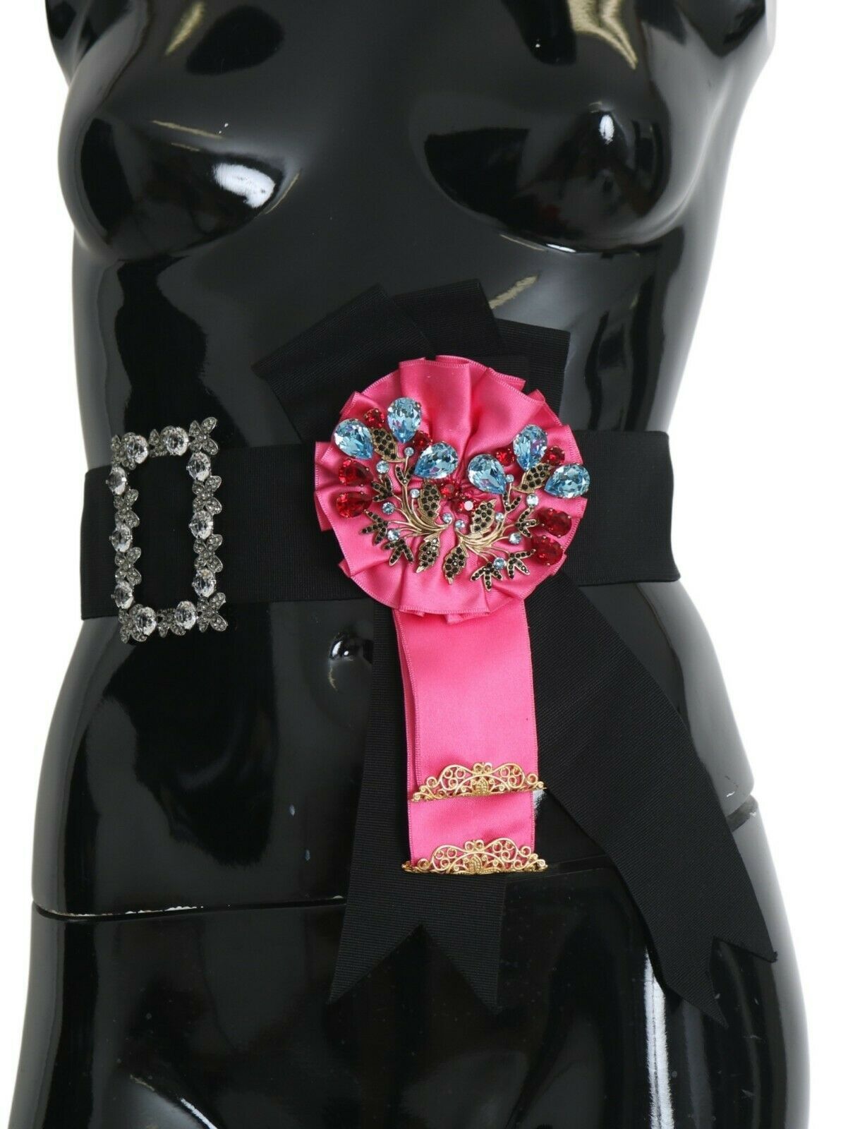 Dolce &amp; Gabbana Black Pink Flower Brooch Crystal Cotton Belt