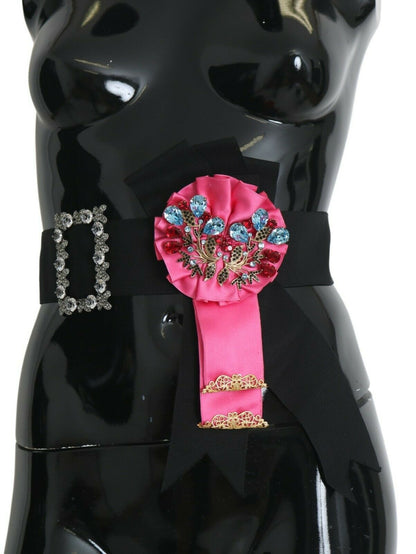 Dolce &amp; Gabbana Black Pink Flower Brooch Crystal Cotton Belt