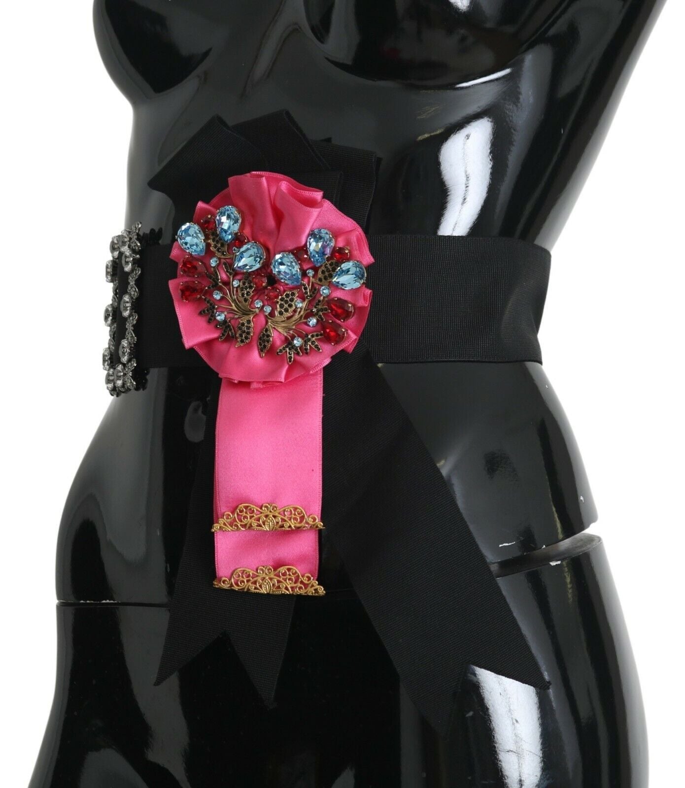 Dolce &amp; Gabbana Black Pink Flower Brooch Crystal Cotton Belt