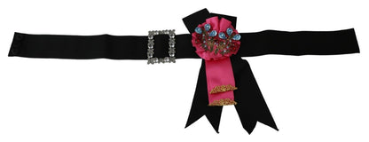 Dolce &amp; Gabbana Black Pink Flower Brooch Crystal Cotton Belt