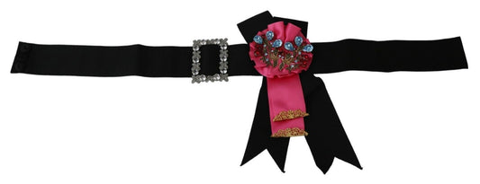 Dolce &amp; Gabbana Black Pink Flower Brooch Crystal Cotton Belt