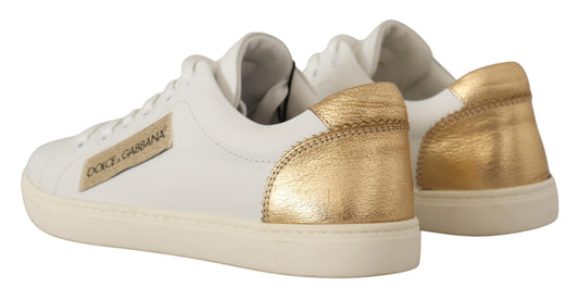 Dolce &amp; Gabbana White Gold Leather Low-Top Sneakers