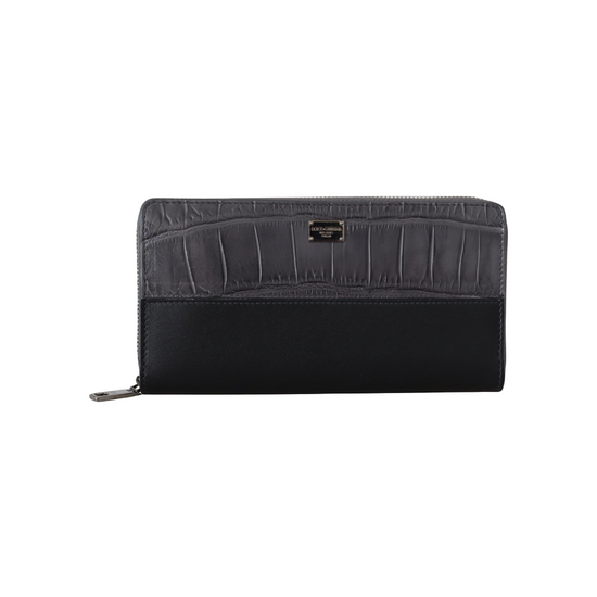 Black Zip Around Continental Clutch Leather Wallet
