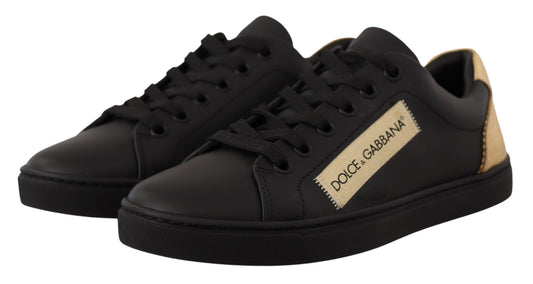 Dolce &amp; Gabbana Black Gold Leather Low Top Sneakers Women's Shoes