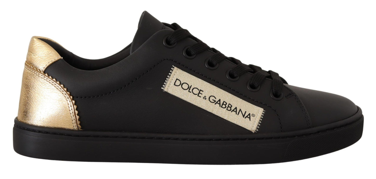 Dolce &amp; Gabbana Black Gold Leather Low Top Sneakers Women's Shoes
