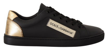 Dolce &amp; Gabbana Black Gold Leather Low Top Sneakers Women's Shoes