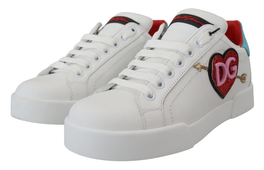 Dolce &amp; Gabbana White Leather Sneaker Portofino Logo Heart Shoes