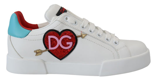 Dolce &amp; Gabbana White Leather Sneaker Portofino Logo Heart Shoes