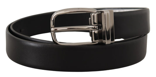 Dolce &amp; Gabbana Black Leather Belt with Silver Metal Chrome Logo Buckle