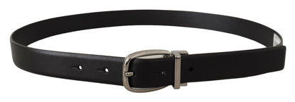Dolce &amp; Gabbana Black Leather Belt with Silver Metal Chrome Logo Buckle