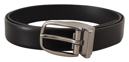 Dolce &amp; Gabbana Black Leather Belt with Silver Metal Chrome Logo Buckle