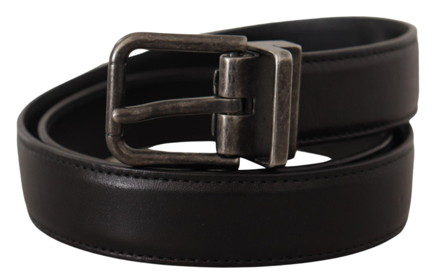 Dolce &amp; Gabbana Black Calf Leather Belt with Logo Metal Buckle