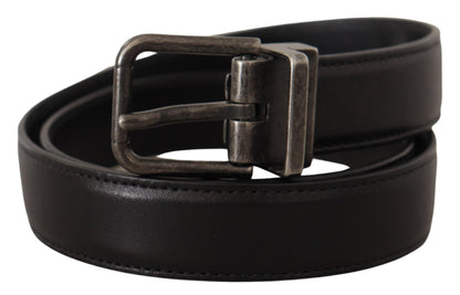 Dolce &amp; Gabbana Black Calf Leather Belt with Logo Metal Buckle