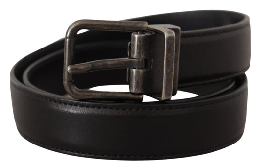 Dolce &amp; Gabbana Black Calf Leather Belt with Logo Metal Buckle