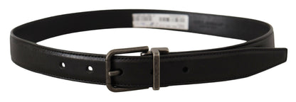 Dolce &amp; Gabbana Black Calf Leather Belt with Logo Metal Buckle