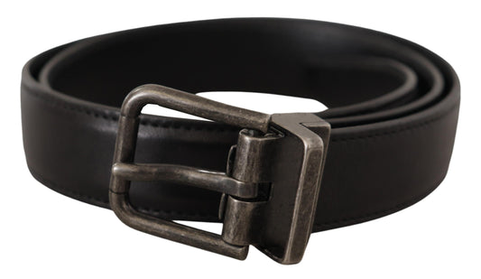 Dolce &amp; Gabbana Black Calf Leather Belt with Logo Metal Buckle