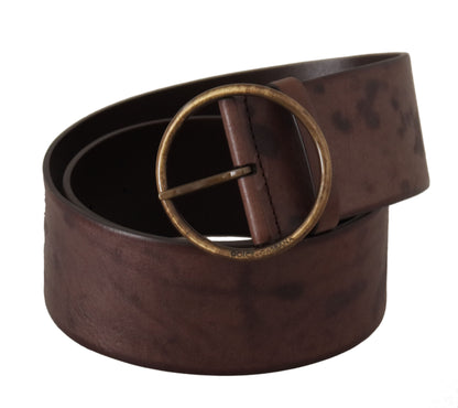 Dolce &amp; Gabbana Dark Brown Wide Calf Leather Belt with Logo Round Buckle