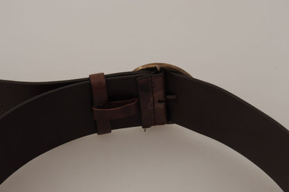 Dolce &amp; Gabbana Dark Brown Wide Calf Leather Belt with Logo Round Buckle