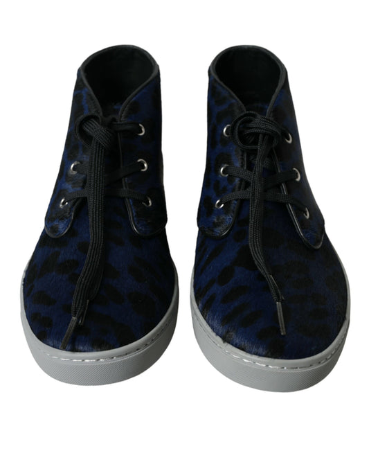 Dolce &amp; Gabbana Blue Calfskin Leopard Mid-Top Sneakers