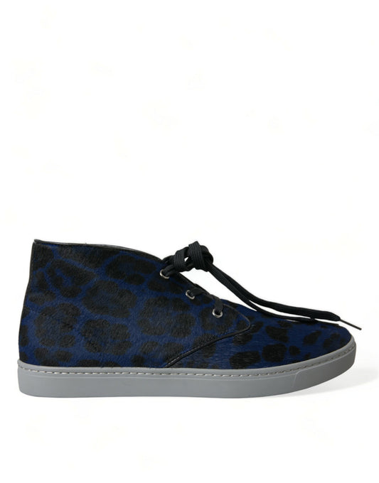 Dolce &amp; Gabbana Blue Calfskin Leopard Mid-Top Sneakers