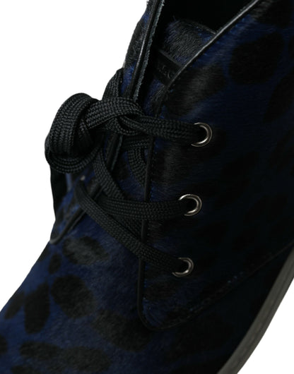 Dolce &amp; Gabbana Blue Calfskin Leopard Mid-Top Sneakers