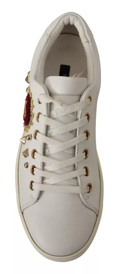 White Leather Sneakers with Gold Studs & Red Heart Detail
